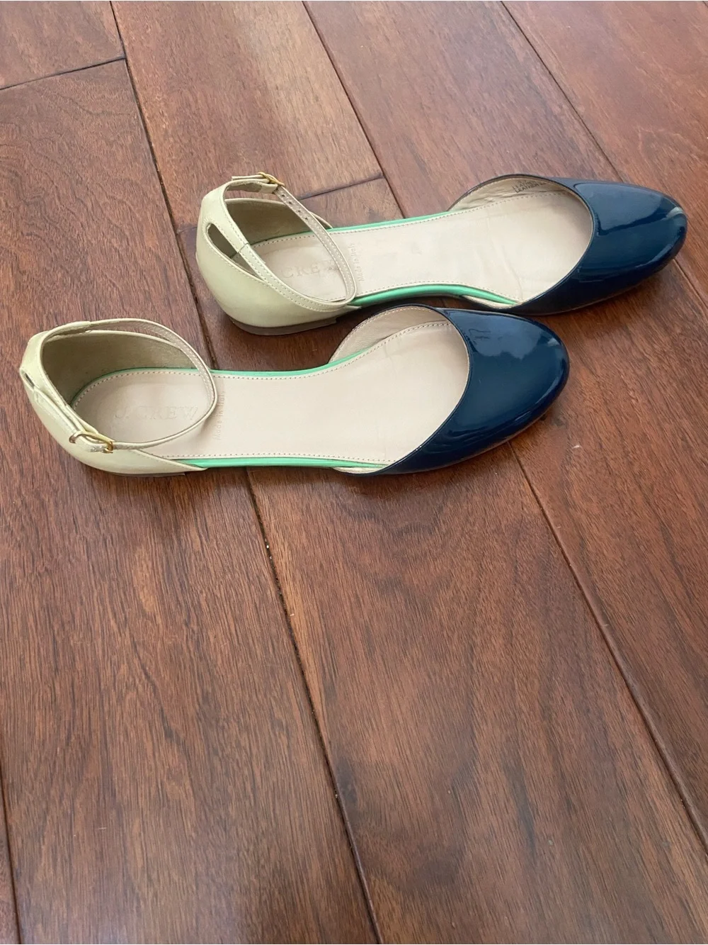 J. Crew Navy Patent D'Orsay Flats with Cream Ankle Strap